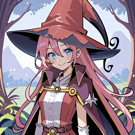 score_9, score_8_up, score_7_up, score_6_up, source_anime, BREAK, <lora:Pamela:0.70> pamdef, 1girl, pink hair, long hair, blue eyes, witch hat, witch outfit, white elbow gloves, cape, (face), (close-up), looking at viewer, smile, happy, scenery, exterior, outdoors, forest, jungle, <lora:backgroundsetXL:0.25> , background, <lora:ExobeloStyle:0.55>