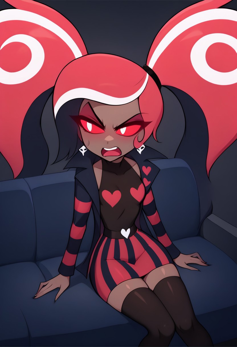 score_9, score_8_up, score_7_up,
masterpiece, best quality, detailed, amazing quality,
detailed background, dark blue, dark grey background, from above,
detailed eyes, clean eyes,
dynamic pose, sitting on couch, blue couch,
1woman,
Velvette, petite, twin ponytails, small breasts, wide hips, dark skin, striped skirt, black thighhighs,
shocked, disgusted, looking away, angry,
easynegative