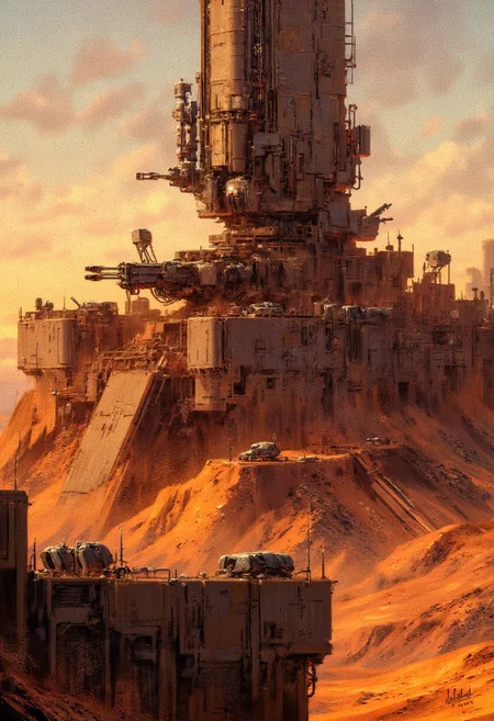 in the style of ck-sfc, detailed photorealistic image,  a sci-fi fortress in the desert, surrounded by armored walls with armored gun emplacements and rocket launchers, situated at a crossorads in a dusty desert andcape, silhouetted at sunset, great lighting