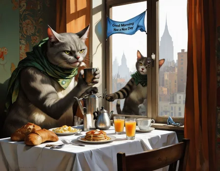 <lora:bear:1>, This image is a digital painting depicting a whimsical, surreal breakfast scene. The central figure is a large, anthropomorphic gray cat with a playful, mischievous expression, standing menacingly on the windowsill. The cat has a green scarf around its neck and is holding a coffee mug in its left paw. Its right paw is extended towards the table, as if reaching for something.,
The table, positioned in front of the window, is cluttered with breakfast items. On the left side, there are two loaves of bread, a coffee pot, and a teapot. In the middle, a stack of pancakes with syrup and a plate of scrambled eggs are arranged neatly. On the right side, there are two orange juices, one in a glass and the other in a mug. A white cloth is draped over the table, and a blue banner with the text "Good Morning, Have a Nice Day" hangs above the window.,
The background reveals a foggy, misty morning scene with a city skyline visible through the window. The colors are warm and inviting, with a mix of browns, greens, and oranges dominating the scene. The style of the painting is vibrant and expressive, with a touch of fantasy and whimsy.