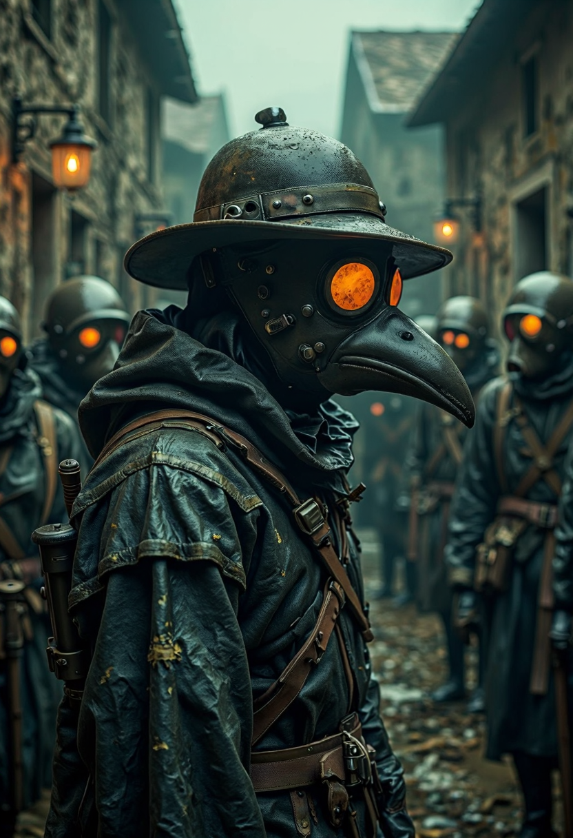 Dark and moody yfg-daak, A hyper-realistic cinematic photograph of Plague doctor (late sixteenth century) during epidemics in 17th-century Europe, passing the crowd unnoticed bodies cover in sheets. The typical mask had glass openings for the eyes and a curved leather beak, shaped like a bird's beak, with straps that held the beak in front of the doctor's nose. The mask had two small nose holes and was a type of respirator which contained aromatic The wide-brimmed leather hat indicated their profession, they used wooden canes in order to point out areas needing attention and to examine patients without touching them. The purpose of the mask was to keep away bad smells such as decaying bodies and the smell taken with the most caution was known as miasma, a noxious form of "bad air". This was thought to be the principal cause of the disease. Doctors believed the herbs would counter the "evil" smells of the plague and prevent them from becoming infected background a medieval town in detailed distress cover in a green mist. The scene evokes despair and tension with a sense of uncertainly. Realistic, best quality, 4k, masterpiece, viewed from left corner.