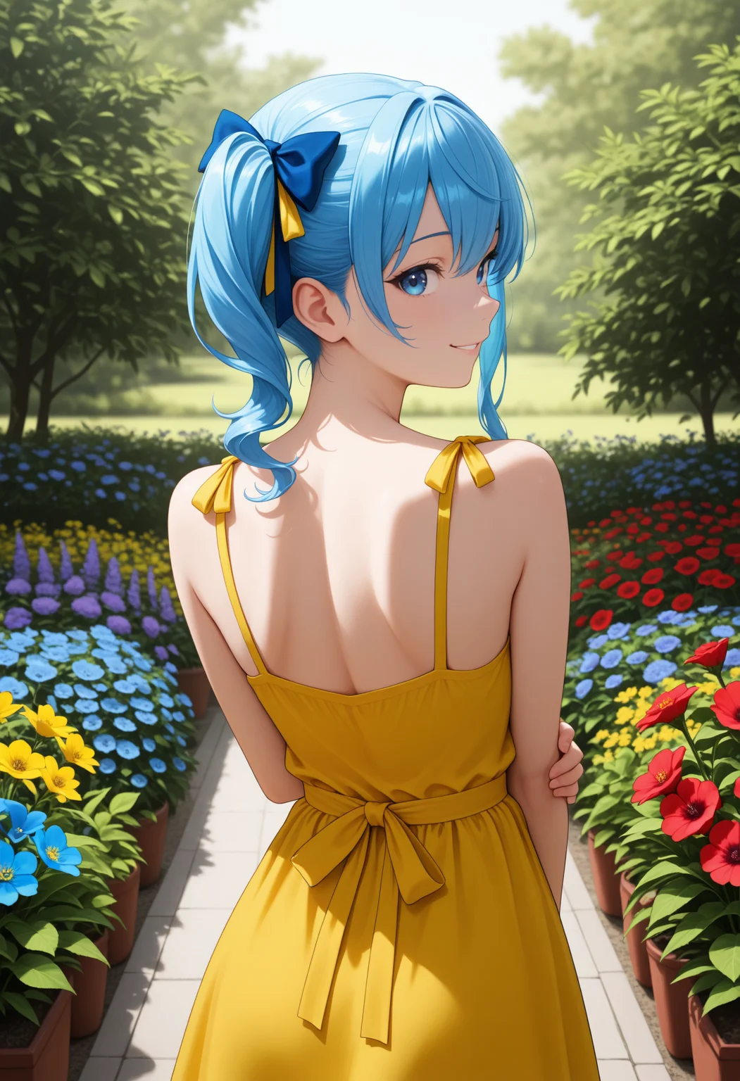 masterpiece, best quality, 1girl, solo, H0sh1mach1Su1se1, blue eyes, blue hair, side ponytail, blue hair ribbon, from behind, outdoors, garden, flower, red flower, blue flower, purple flower, yellow flower, looking back, yellow sundress, shoulder blades, sleeveless, smile, looking at viewer, wide shot, <lora:ChamHoshimachiSuiseiNoob:1>
