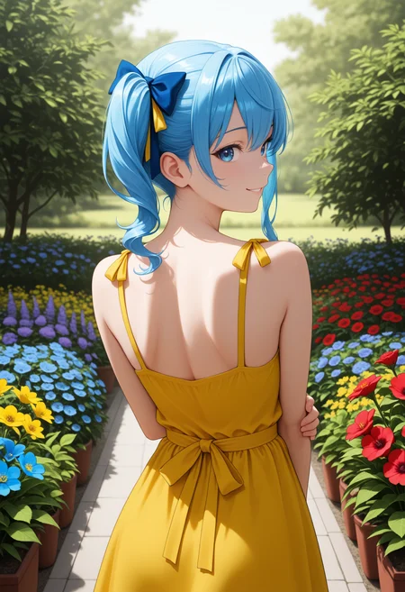 masterpiece, best quality, 1girl, solo, H0sh1mach1Su1se1, blue eyes, blue hair, side ponytail, blue hair ribbon, from behind, outdoors, garden, flower, red flower, blue flower, purple flower, yellow flower, looking back, yellow sundress, shoulder blades, sleeveless, smile, looking at viewer, wide shot, <lora:ChamHoshimachiSuiseiNoob:1>