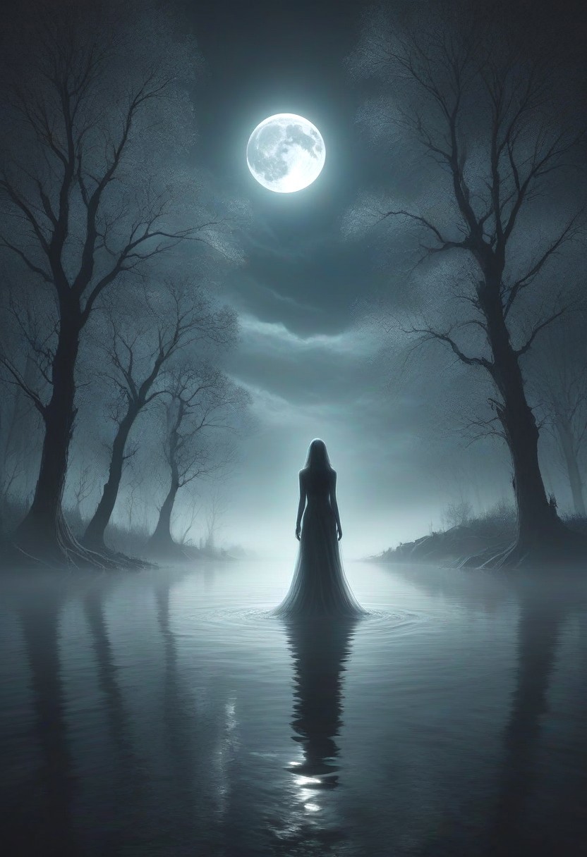 Create an image of a (mysterious ghostly figure made of mad-wsps:1.2) floating above an eerie lake scene under the moonshine. The ghost should have a translucent, ethereal appearance with faintly glowing edges. The lake should be calm, with dark, reflective water that captures the moon's glow. Surrounding the lake, there should be dense, shadowy trees partially shrouded in mist.  The sky is clouded, allowing the moon to cast an eerie light through gaps in the clouds, adding to the ghostly ambiance. Overall, the scene should feel chilling and otherworldly, with a haunting, mysterious atmosphere <lora:Elemental_Wisps_SDXL:0.7>, (masterpiece:1.2), best quality, (hyperdetailed, highest detailed:1.2), high resolution textures, (beautiful silhouette of a female:1.6), slim body