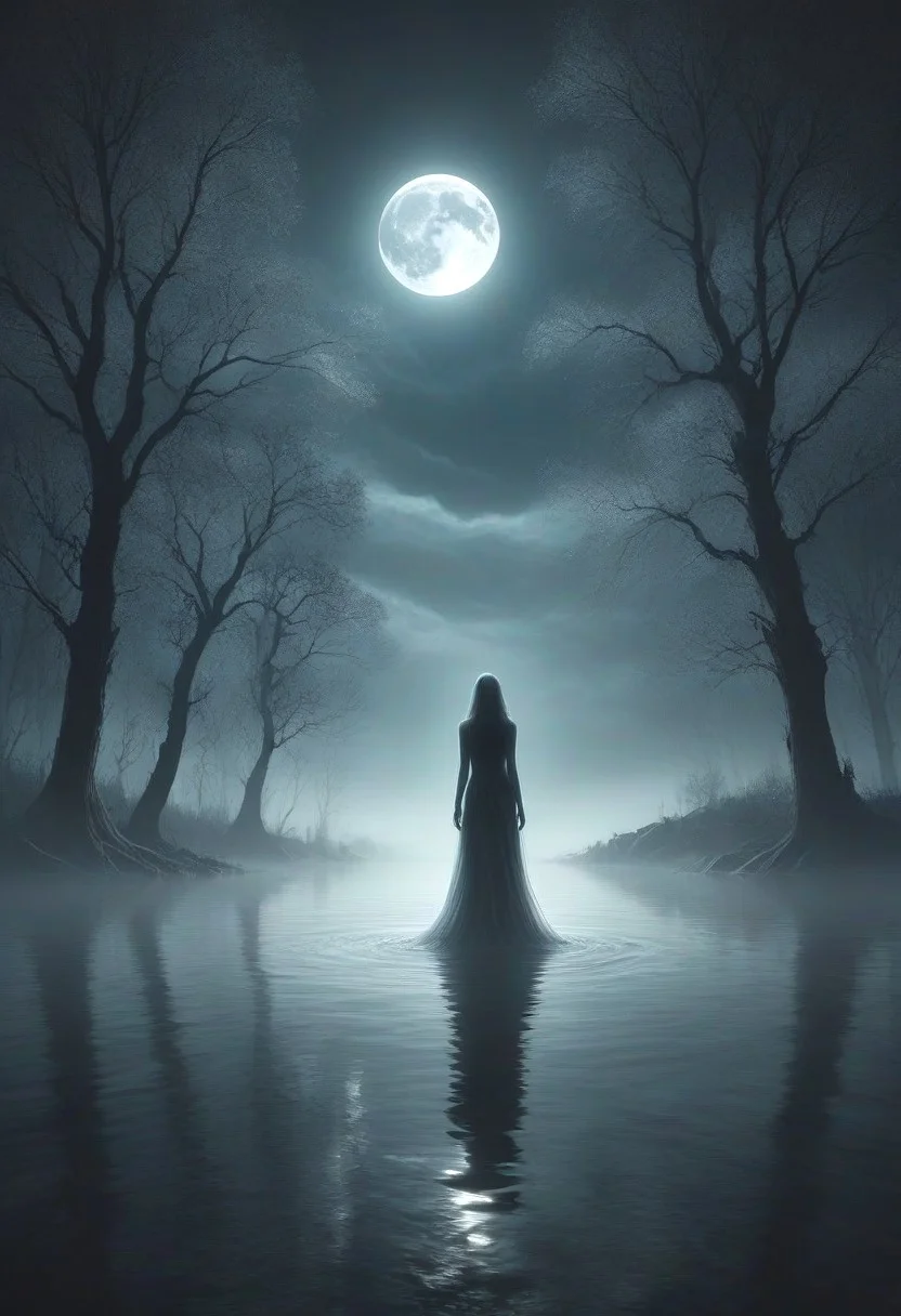Create an image of a (mysterious ghostly figure made of mad-wsps:1.2) floating above an eerie lake scene under the moonshine. The ghost should have a translucent, ethereal appearance with faintly glowing edges. The lake should be calm, with dark, reflective water that captures the moon's glow. Surrounding the lake, there should be dense, shadowy trees partially shrouded in mist.  The sky is clouded, allowing the moon to cast an eerie light through gaps in the clouds, adding to the ghostly ambiance. Overall, the scene should feel chilling and otherworldly, with a haunting, mysterious atmosphere <lora:Elemental_Wisps_SDXL:0.7>, (masterpiece:1.2), best quality, (hyperdetailed, highest detailed:1.2), high resolution textures, (beautiful silhouette of a female:1.6), slim body