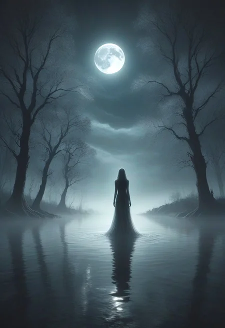 Create an image of a (mysterious ghostly figure made of mad-wsps:1.2) floating above an eerie lake scene under the moonshine. The ghost should have a translucent, ethereal appearance with faintly glowing edges. The lake should be calm, with dark, reflective water that captures the moon's glow. Surrounding the lake, there should be dense, shadowy trees partially shrouded in mist. The sky is clouded, allowing the moon to cast an eerie light through gaps in the clouds, adding to the ghostly ambiance. Overall, the scene should feel chilling and otherworldly, with a haunting, mysterious atmosphere <lora:Elemental_Wisps_SDXL:0.7>, (masterpiece:1.2), best quality, (hyperdetailed, highest detailed:1.2), high resolution textures, (beautiful silhouette of a female:1.6), slim body