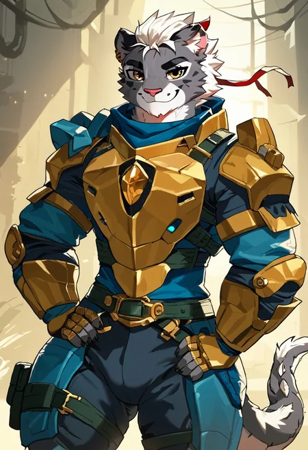 score_9, score_8_up, score_7_up, source_furry,
SFW,
By yelftea, by noctoc, by blackwhiplash, warcraftstyle,
background,sci-fi, rich colors
solo, manul, cyborg, girly guy, tall, athletic, buff, daring, gray fur, white hair, short hair, gold eyes, detailed face, sharp smile, manul tail
Hydraulic armor, all honeyed and sticky