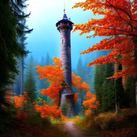 realistic analog photo, award winning photo, vary wide shot of stone witow tower:1.3, no humans, scenery, blue sky, auwo, in a autumn forest, dirt road, lush grassland, Wildflowers, nature, outdoors, RAW, highres, 8k, uhd, High Dynamic Range, tonemapping, crisp details,