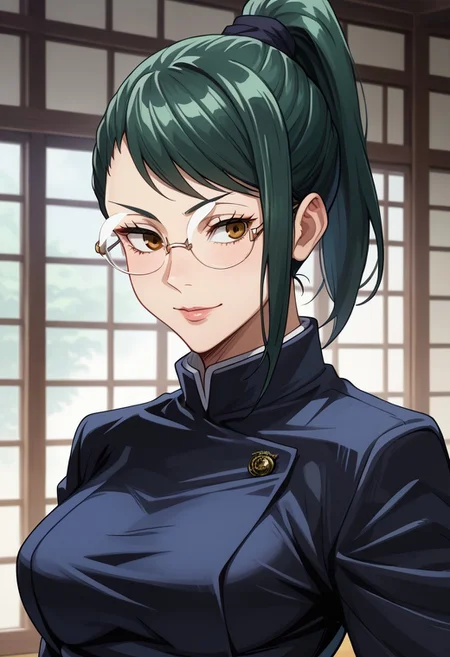anime artwork, score_9, score_8_up, score_7_up, score_6_up, score_5_up, solo, perfect eyes, detailed eyes, beautiful female, detailed face, dynamics lines, 20 year old, perfect beautiful face, long eyelashes, sharp eyes pupils, (bedroom:1.3), (upper body:1.5), medium breasts, wide hips, hips,,1 girl, maki, Green hair, ponytail, yellow eyes, glasses, school uniform, black jacket, smile