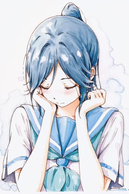 masterpiece, best quality, amazing quality,
 <lora:Bbmasa_IL:1> bbmasa, 1girl, solo, kitauji high school uniform, ponytail, school uniform, closed eyes, sailor collar, serafuku, traditional media, long hair, blush, shirt, hands up, blue sailor collar, blue hair, nozomi, sketch, colored pencil (medium), watercolor (medium), painting (medium),