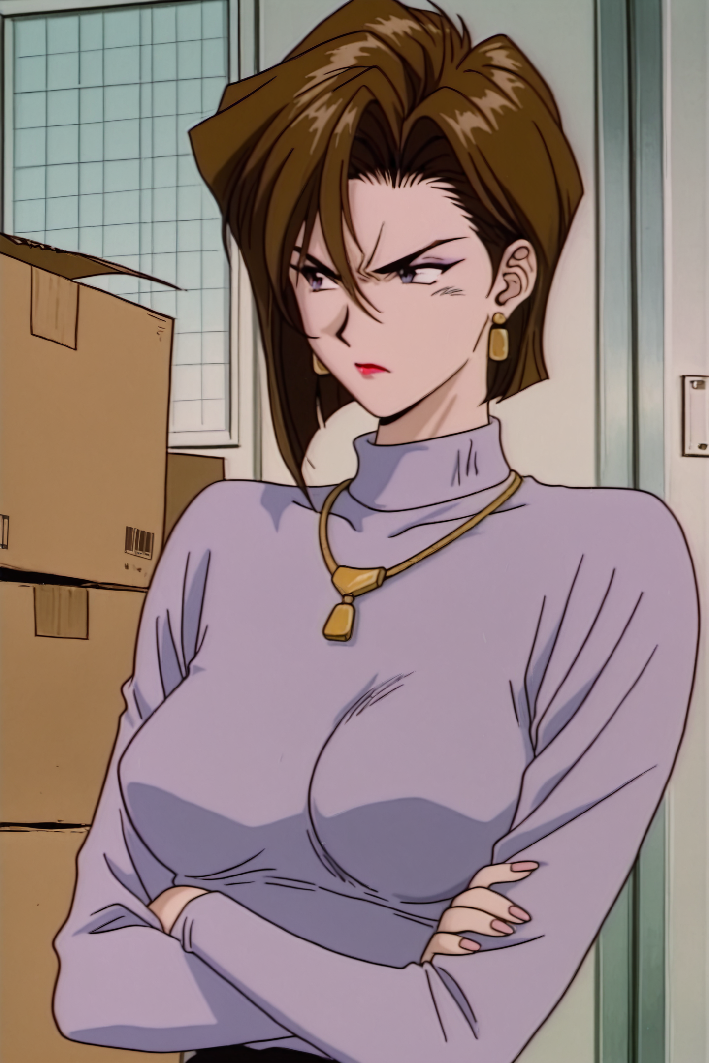 Female Producer A,1girl,solo,jewelry,crossed arms,necklace,short hair,breasts,brown hair,cardboard box,earrings,box,indoors,long sleeves,holding,turtleneck,1990s \(style\),angry,
<lora:Golden Boy_illustriousXL:1>,