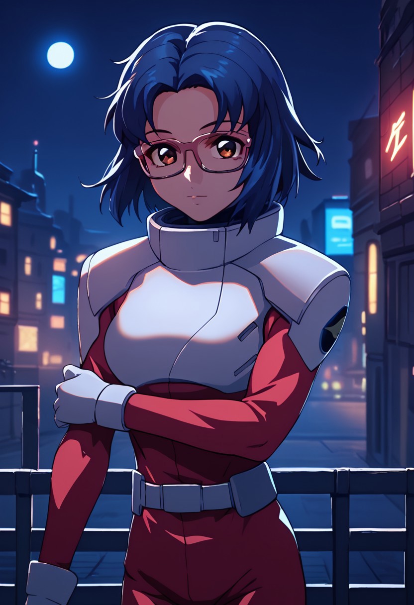score_9, score_8_up, score_7_up,city view, 1 female,night view, moonlight,juriwunien, brown eyes, blue hair, short hair, glasses, pilotsuit
