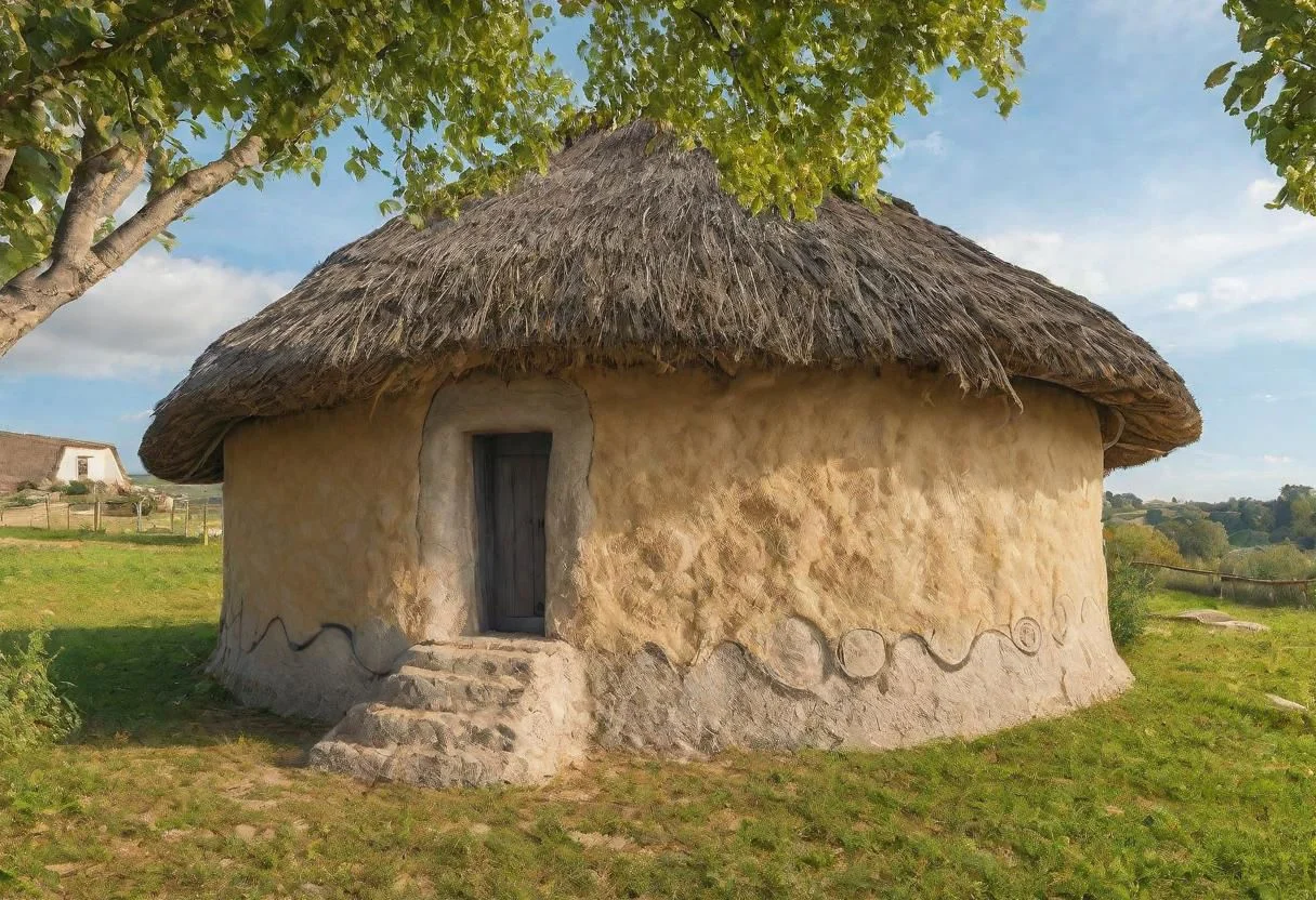HDR,UHD,8K,Highly detailed,realistic,photo-realistic:1.37), exterior of a neolithic house painted in neolithic style