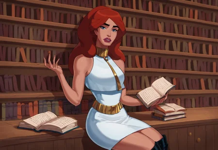 score_9_up, score_8_up, score_7_up, solo, 1girl, red hair, long hair, blue eyes, makeup, lipstick, dress, white dress, neck ring, golden belt, sleeveless, boots, book, holding book, open book, library, looking at viewer, Alexa (dc)
