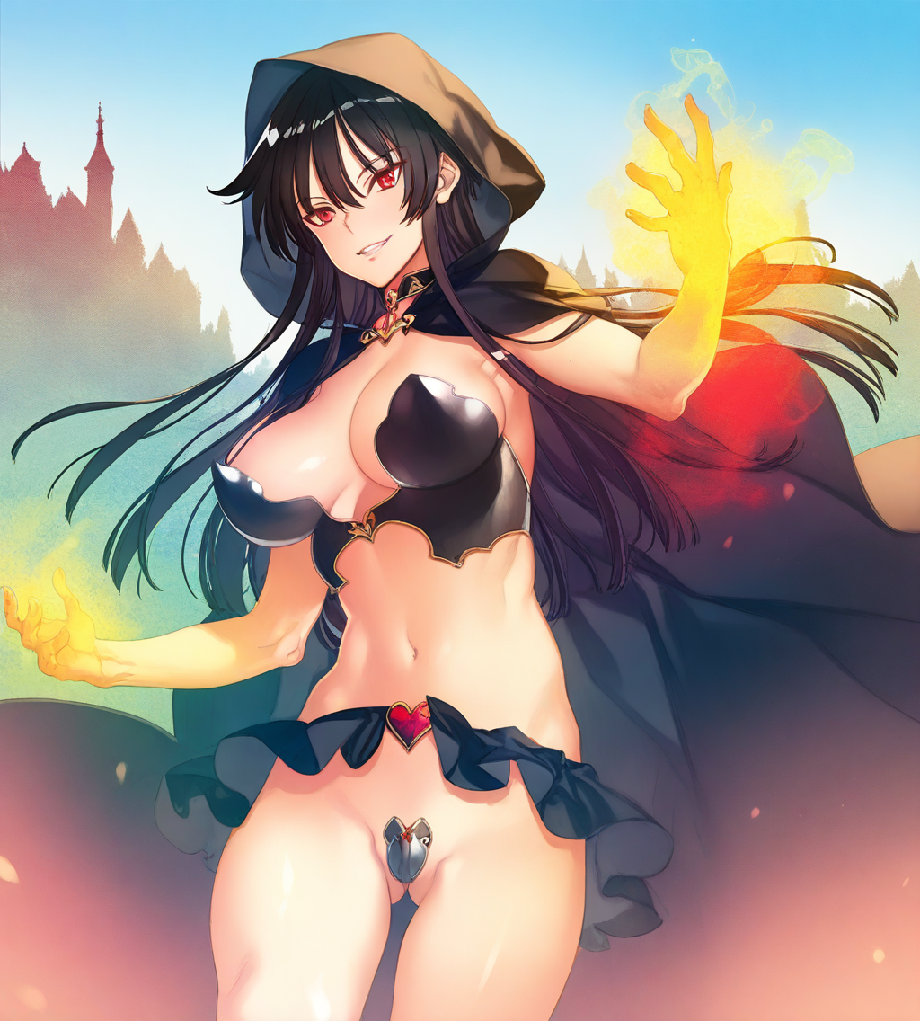newest, high contrast, colorful, stylish, styled, very aesthetic, 1girl, solo, stellafons noir, evil smile, cowboy shot, black hair, red eyes, hand up, magic, energy, hooded cloak, hood up, noir's boobplate, crotch plate, midriff, navel, cloack down, noir's choker, outdoors, day, blue sky, from above, perspective, artist:oyari ashito, artist:void 0, artist:ying yi, artist:atdan, <lora:v-s-e-n-ilxl-000041:0.5>