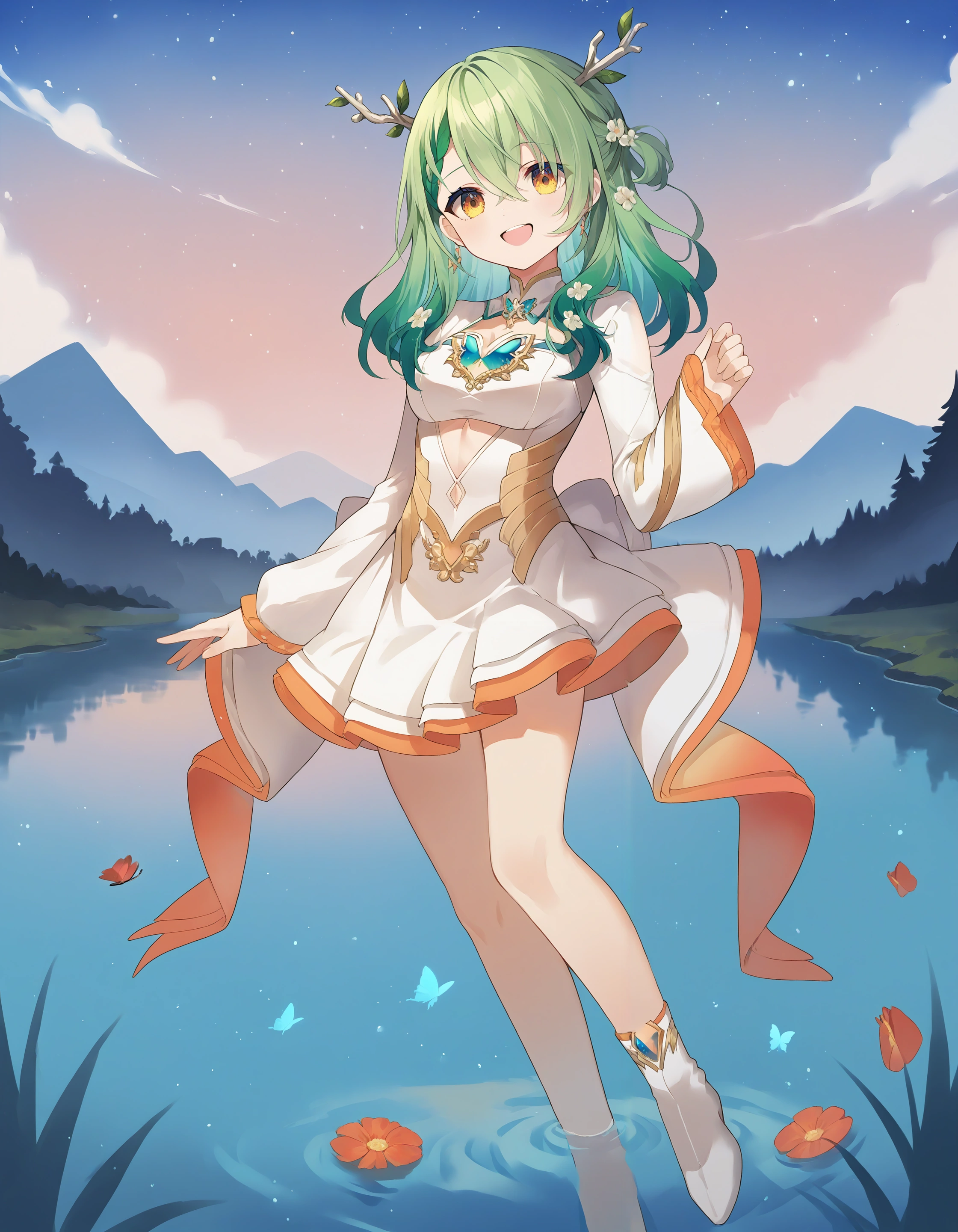 score_9, score_8_up, score_7_up, source_anime,
1girl, holowitch, ceres fauna, antlers, green hair, yellow eyes, braided bangs,
short dress, [sakura miko::4], layered dress, white dress,
boots, long sleeves, gold trim, cutout above navel, smile,
detailed background, outdoors, night sky, nature, partially submerged, lake, butterfly
<lora:concept_holowitch-pony-v1.2:1> <lora:holoen-2g-v3:1>