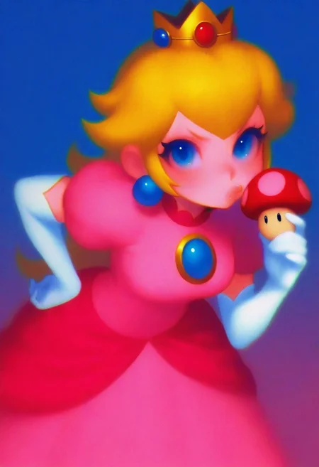 petrasvoice, masterpiece, grainy, colourful background, princess peach, pink dress, crown, leaning forward, big sparkly blue eyes, hand on hip, pouting, holding a mushroom,