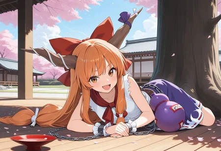 masterpiece, UHD, 8K, high res, high detailed, best quality,
official anime artwork, screencap, anime screencap, outdoors, looking at viewer, open mouth, smile, lie on side, home on tree, wooden floor, terrace, smoke, sparks, petals, dynamic pose, gourd nearby, hand hold sakazuki, ibuki suika, 1girl, solo, brown eyes, orange hair, very long hair, long hair, low-tied long hair, horns, oni horns, hair bow, horn ribbon, fang,, sleeveless shirt, skirt, wrist cuffs, bow, ribbon, horn ornament, chain