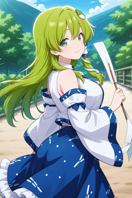 absurdres, highres, masterpiece, best quality, amazing quality, official anime artwork, screencap, anime screencap, outdoors, looking at viewer, light smile, dynamic pose,
<lora:Sanae-Kochiya_IllustriousV2:1> kochiya sanae, 1girl, solo, green eyes, green hair, long hair,, frog hair ornament, hair tubes, snake hair ornament, collared shirt, white shirt, detached sleeves, wide sleeves, blue skirt, frilled skirt, holding gohei, from the side,