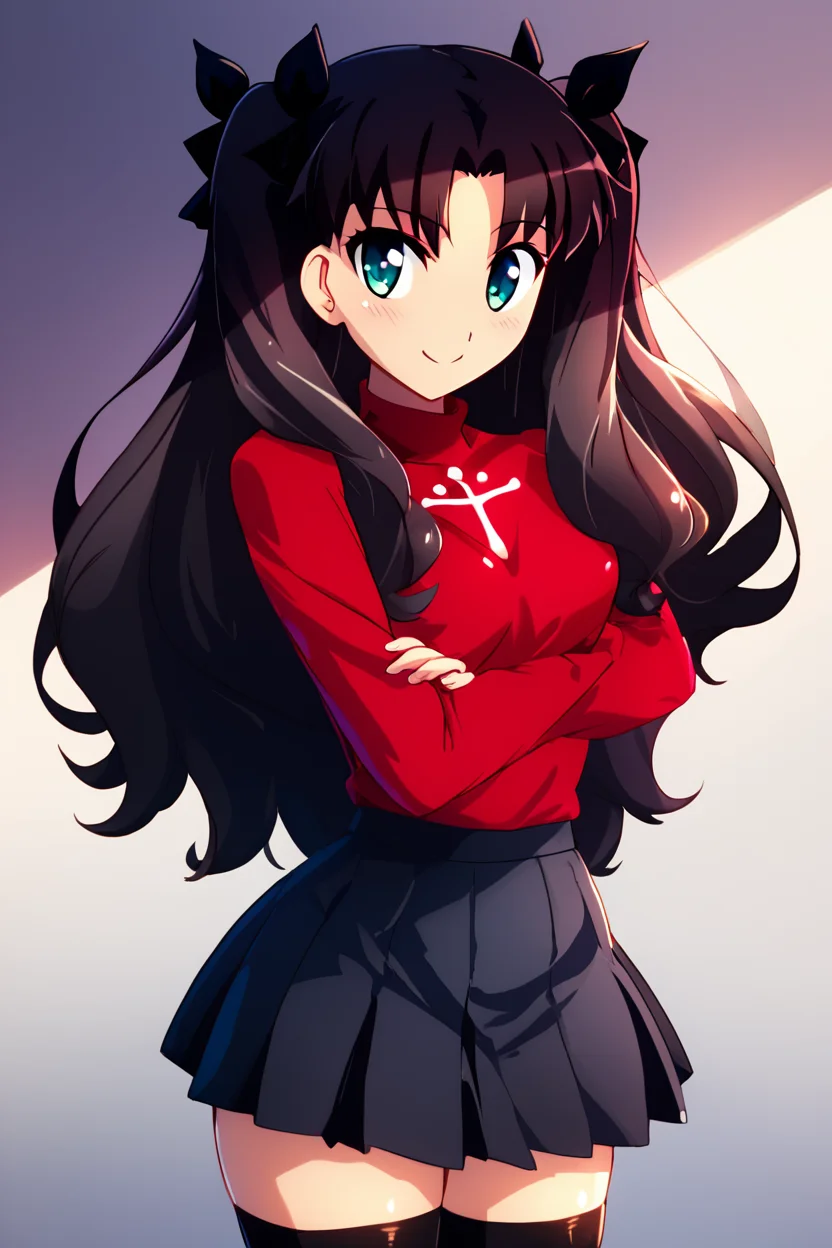 score_9, score_8_up, score_8, medium breasts, (curvy), cute, eyelashes, BREAK, , BREAK, <lora:rin-tohsaka-ubw-ponyxl-lora-nochekaiser:0.8>, rin tohsaka, aqua eyes, black hair, hair ribbon, long hair, ribbon, sidelocks, two side up, parted bangs, black skirt, black thighhighs, long sleeves, miniskirt, pleated skirt, red sweater, skirt, sweater, thighhighs, turtleneck,, <lora:Konpeto_PDXL_v3:1.0>, , BREAK, smile, looking at viewer, cowboy shot, embedding:zPDXL, Expressiveh, <lora:SDXLFaeTastic2400:0.5>, <lora:Expressive_H-000001:0.4>,