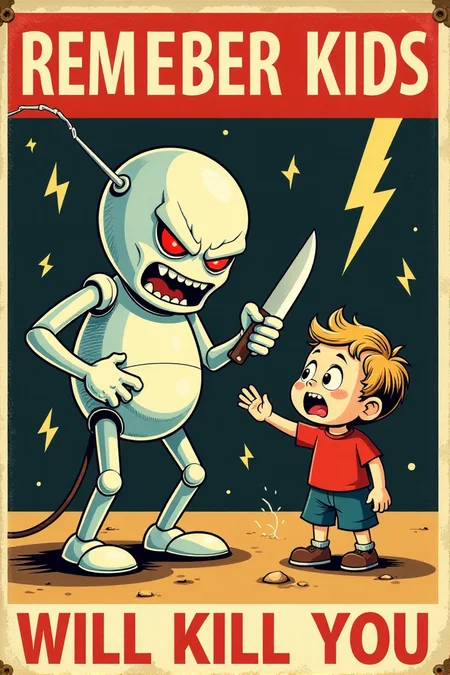 Generate an image in the style of a vintage 1950s public service announcement or propaganda poster. The image should be a warning sign with a dark humor theme. Depict a menacing, personified electricity bolt character holding a knife and pointed at a terrified cartoon child. Include the text "REMEMBER KIDS" and "ELECTRICITY WILL KILL YOU". Use a bold, vintage font, a red, white, and black color scheme, lightning bolt symbols and a grainy texture. Keywords: vintage cartoon, propaganda poster, 1950s, public service announcement, warning, electricity, danger, funny, dark humor, retro <lora:REMEs_War_Poster_Style:0.9> In REME's War Poster Style,âââ