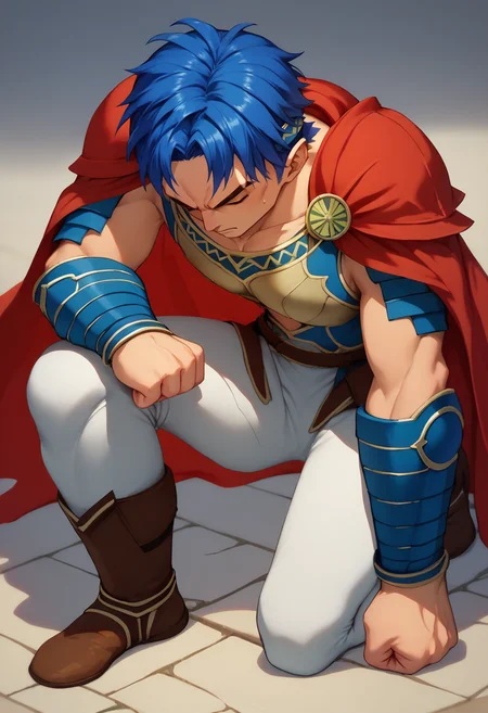 score_9, score_8_up, score_7_up, on one knee, full body, looking down, clenched hands, hand on ground, arm on knee <lora:IKneel_pdxl_Incrs_v1:1>, 1boy, ike \(fire emblem\), blue hair, armor, red cape, white pants,