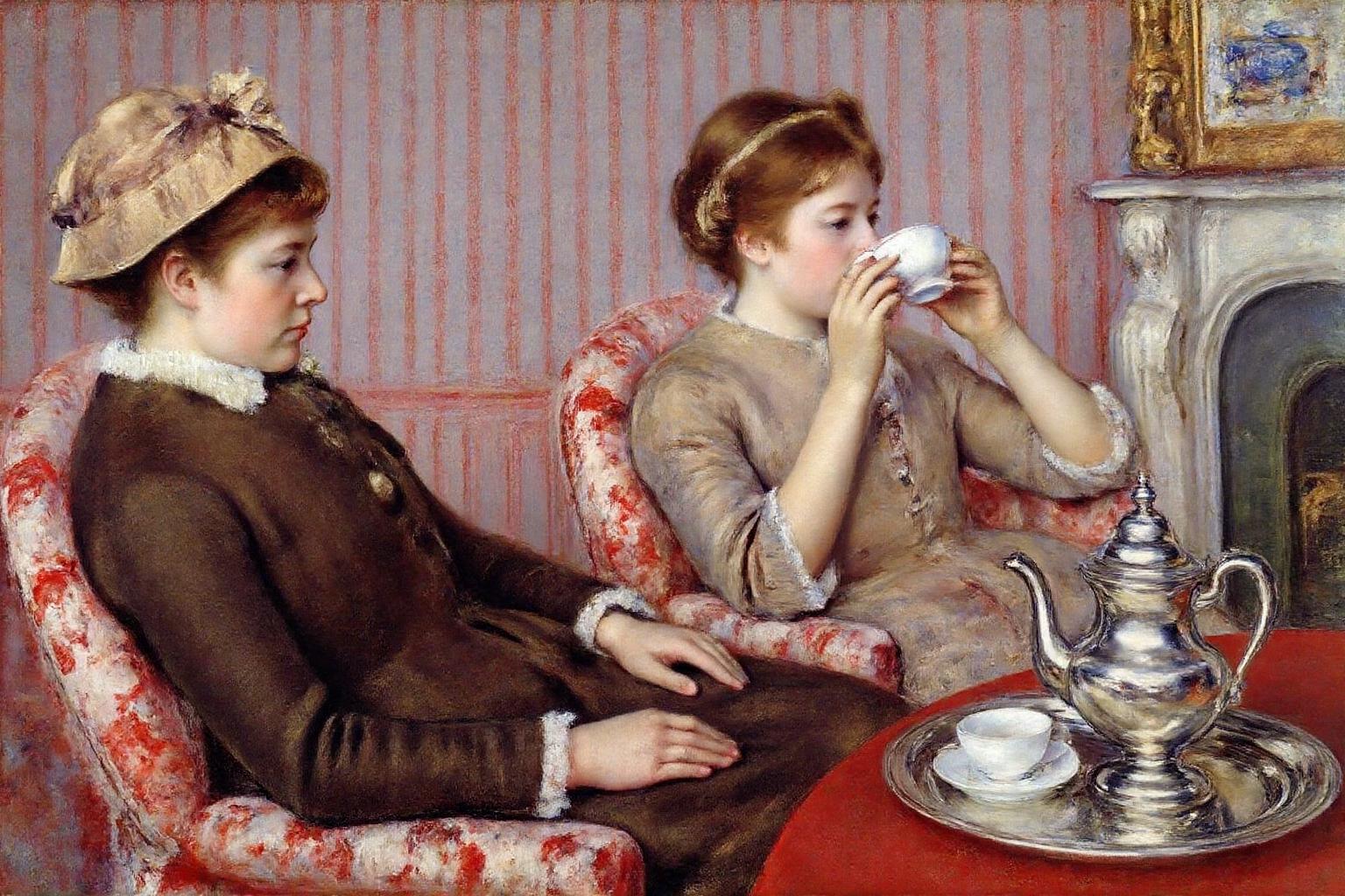 marycassatt1 painting.
Two women enjoying tea in a refined, Victorian-style setting. The woman on the left is in profiles. She isdressed in a dark brown coat with a white collar and a light-colored hat. She is sitting on a plush, red-patterned armchair, with a subtle, soft expression. The other woman is driking from a tea cup. There is a silver tea set on a red table.
 <lora:marycassatt1_cap_d6a3e17:1.0><lora:833895594750805464:0>