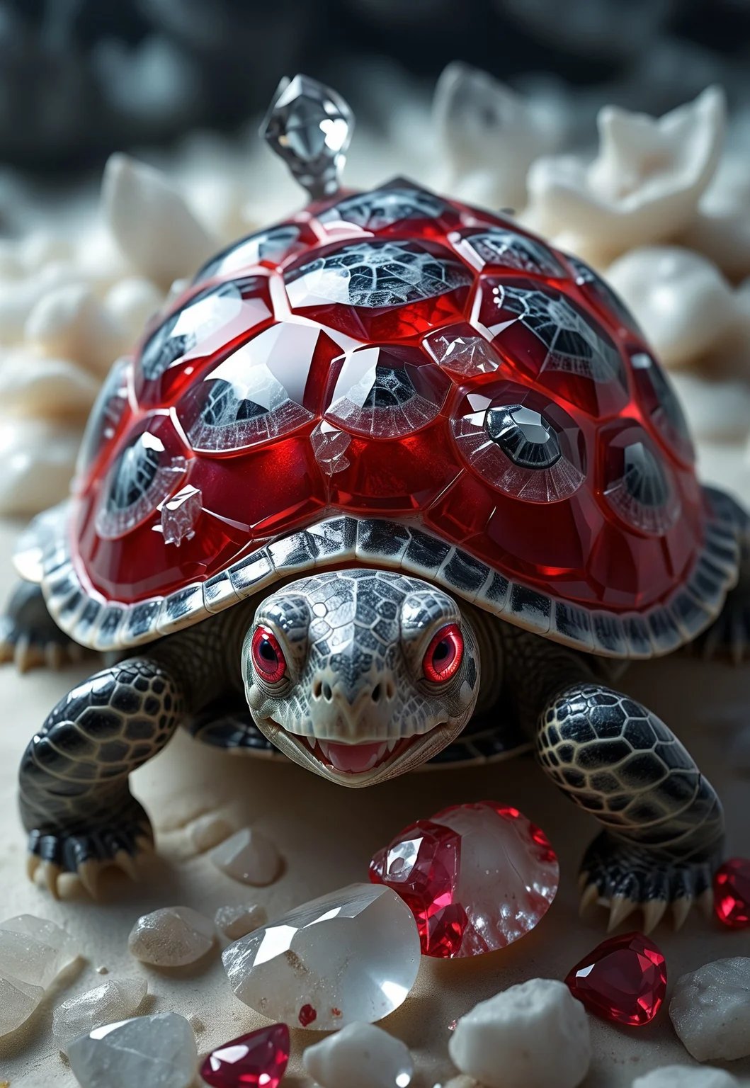 Masterpiece,best quality,highresolution,very aesthetic,realistic style,very detailed eyes,rp_slgd
Close-Up Shot,from above,
background,white grey themed
Crepuscular rays,Caustic refelection
white gold turtle with translucent red gem for shell,turtle neckless,