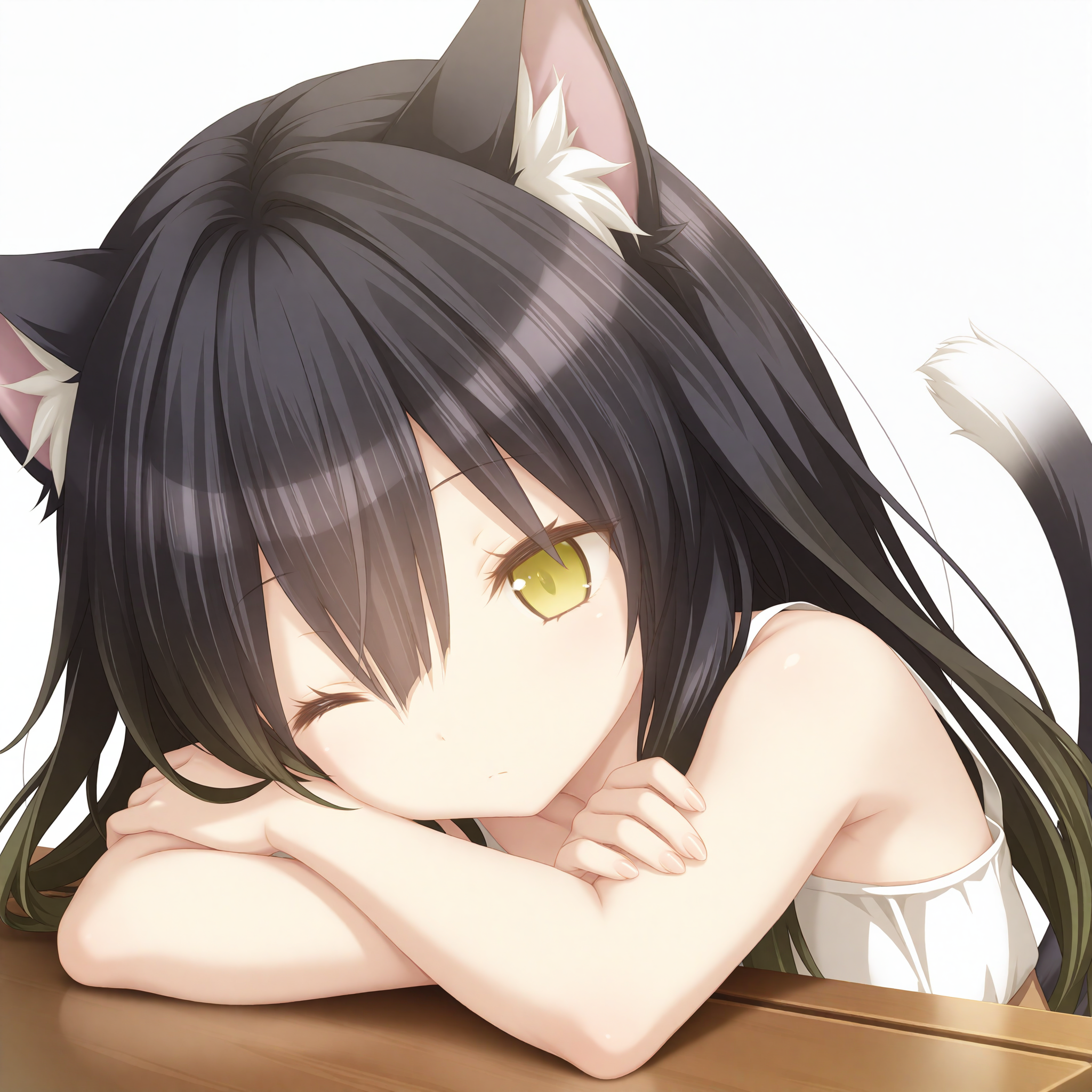 <lora:COQ_art_n16c16_nai_Loha:1.3>,COQ art,
<lora:tooya_1_nai:0.8>,Tooya,cat girl,cat ears,cat tail,multicolored hair,gradient hair,
1girl,solo,table,head rest,face_focus,arms on table,front view,one eye closed,simple background,bare shoulders,expressionless,