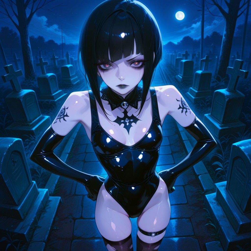 absurdres, masterpiece, best quality, very aesthetic, HDR, 8K, ultra-detailed, anime, 748cmstyle, cemetery, outdoor, night, moon, from above,
1girl, SadisTrix, solo, inverted bob hair, black hair, pale skin, skinny, arm tattoo, makeup, black lips, small breasts, gothic, latex legwear, torn thighhighs, shiny clothes, elbow gloves, latex, tight bra, leotard,  thigh strap, hands on hips, skindentation, shiny skin, dominant female, ((skinny)),),