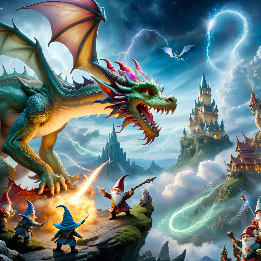 Fujifilm quality photograph (best quality)++, (masterpiece)++, (detailed)+, elf on the shelf fighting a Dragon, (fantasy illustration)1.3, enchanting Dragon battle elf on the shelf, mystical battle, (many gnomes battling)1.4 (whimsical charm).4 Otherworldly charm, mystical sky, (Luis Royo)1.2, (Yoshitaka Amano)1.1, moonlit night, soft colors, (detailed cloudscape)1.3, (high-resolution)1.2 (gnomes  battling everywhere)1.2 , <lora:DonM3t3rn1tyXL-v1.1:0.3> DonM3t3rn1tyXL <lora:DonMD1g174l4sc3nc10nXL:0.3> DonMD1g174l4sc3nc10nXL  <lora:Dragons:0.8> dragon  <lora:EnvyMagicalXL01:0.3> magical <lora:FantasyLandscape:0.8> FanLan