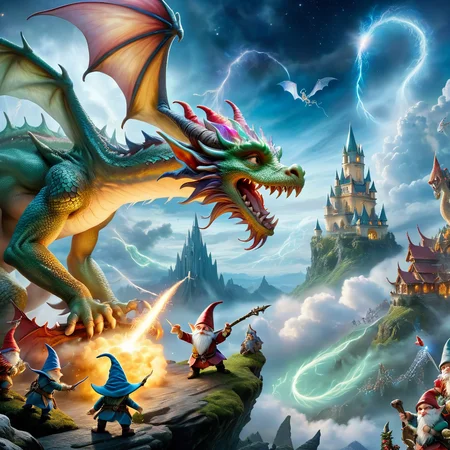 Fujifilm quality photograph (best quality)++, (masterpiece)++, (detailed)+, elf on the shelf fighting a Dragon, (fantasy illustration)1.3, enchanting Dragon battle elf on the shelf, mystical battle, (many gnomes battling)1.4 (whimsical charm).4 Otherworldly charm, mystical sky, (Luis Royo)1.2, (Yoshitaka Amano)1.1, moonlit night, soft colors, (detailed cloudscape)1.3, (high-resolution)1.2 (gnomes  battling everywhere)1.2 , <lora:DonM3t3rn1tyXL-v1.1:0.3> DonM3t3rn1tyXL <lora:DonMD1g174l4sc3nc10nXL:0.3> DonMD1g174l4sc3nc10nXL  <lora:Dragons:0.8> dragon  <lora:EnvyMagicalXL01:0.3> magical <lora:FantasyLandscape:0.8> FanLan