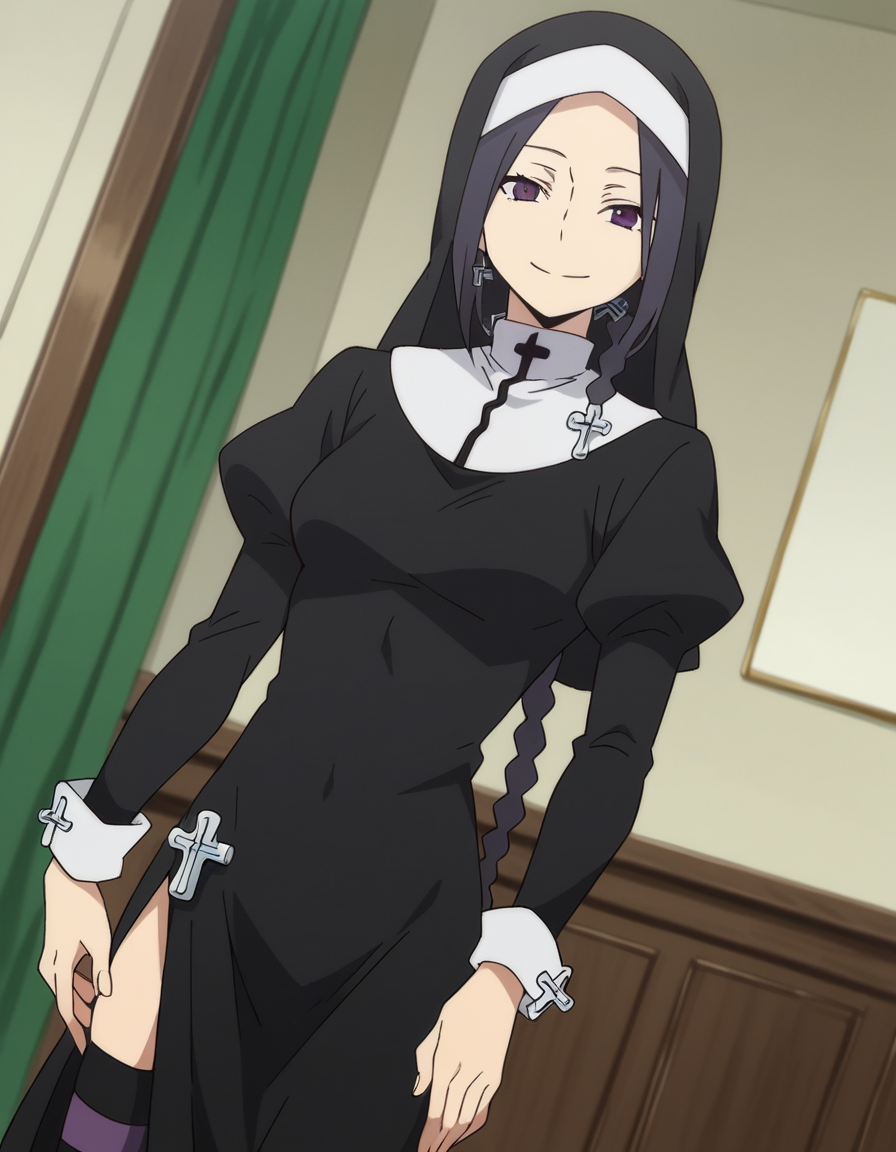 score_9, score_8_up, score_7_up, source_anime, <lora:yae-shinatsuhiko-hnu-ponyxl-lora-nochekaiser:1>, yae shinatsuhiko, long hair, purple eyes, braid, parted bangs, forehead,, thighhighs, striped, cross, striped thighhighs, nun, habit, long sleeves, dress, jewelry, boots, necklace, side slit,, indoors, smile, looking at viewer, solo,, cowboy shot, dutch angle