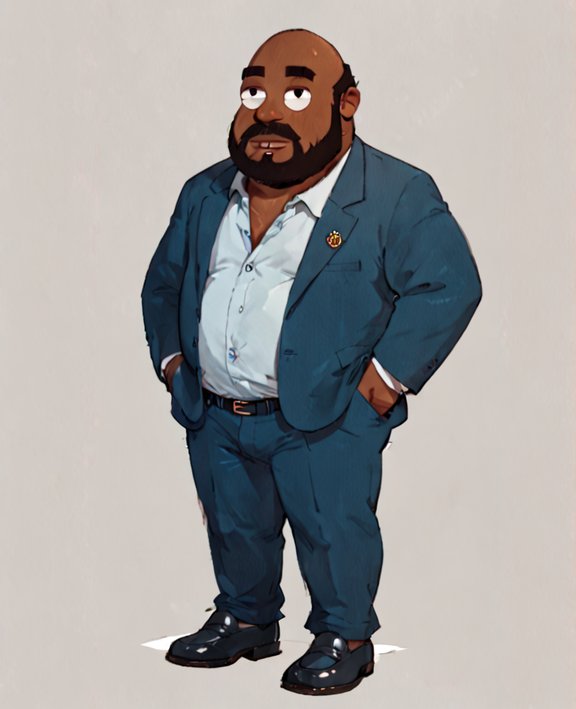 1boy, <lora:Priuncipal_Lewis:0.8> principal lewis, american dad character, chubby, dark skin, black man, african american man, beard, bald, masculine, blue suit, dress shoes, ((white background, full body, school background)), score_9, score_8_up, score_7_up, score_4, score_5, score_6,