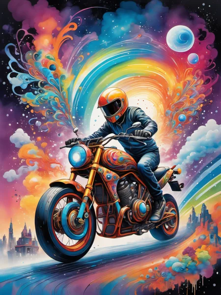 Create an electrifying scene merging the elements of a psychedelic universe with vibrant swirling rainbows, intricate fantasy lines, and three-dimensional effects. Incorporate graffiti-style ink splashes and a mix of colors reminiscent of street art. Within this cosmic environment, place a sleek motorcycle as a focal point, blending seamlessly into the fantastical surroundings.
