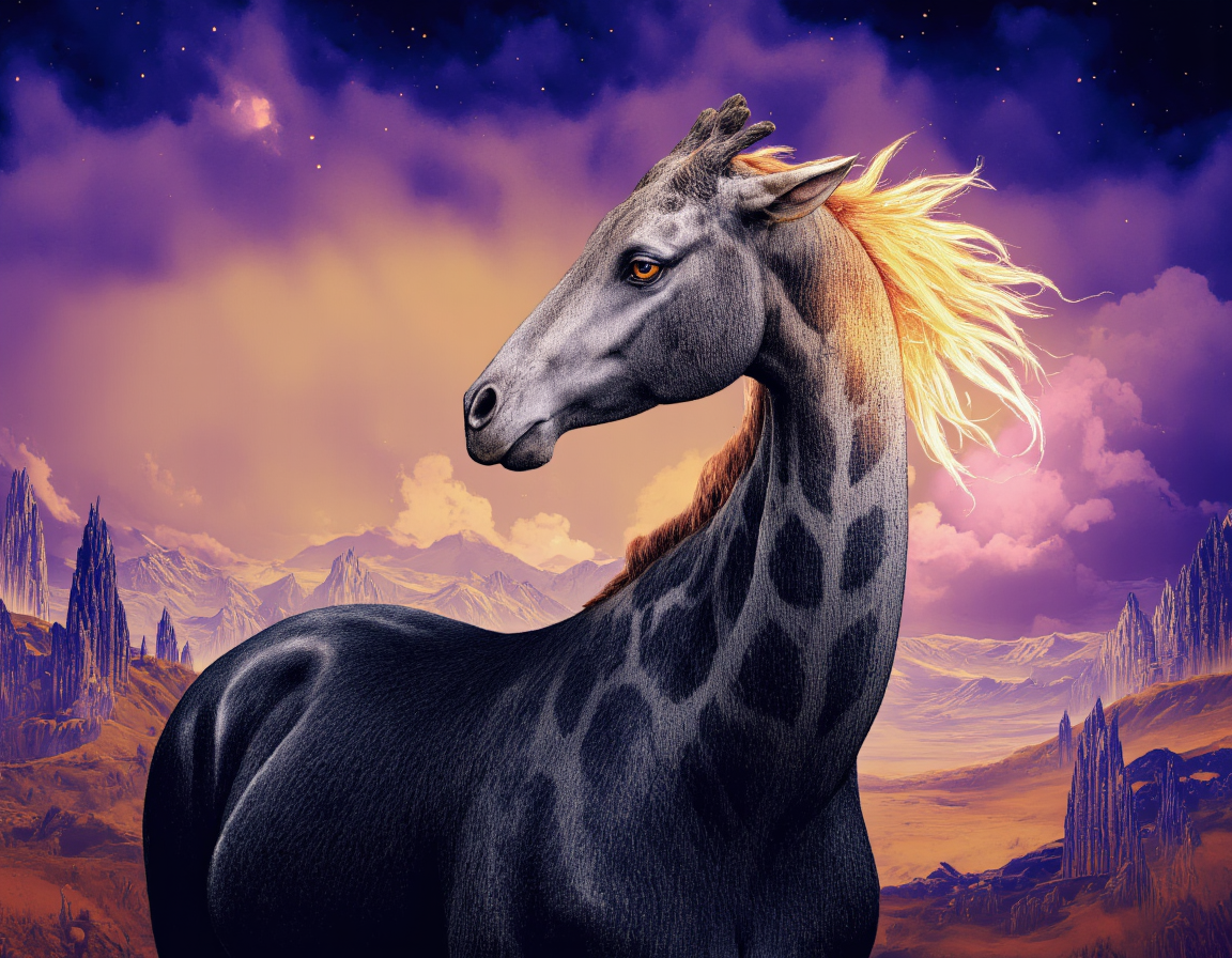 <lora:{surreal, }Surreal:0.85> surreal, A surreal and dreamlike illustration of a majestic horse with the head of a giraffe, set against a vibrant, ethereal backdrop of swirling purple and blue clouds. The horse's body is muscular and powerful, with a shiny black coat and a flowing mane that resembles a wild tangle of silver-blonde hair. Its giraffe head is long and slender, with large, gentle brown eyes and soft, spotted fur that gradates from creamy white to dark chestnut. The giraffe head is tilted slightly, as if the creature is curious about its surroundings, and its long neck is bent in an impossible, dreamlike curve. The lighting is soft and diffuse, with a warm, golden glow that seems to emanate from within the horse itself, casting no harsh shadows and instead imbuing the scene with a sense of wonder and enchantment. The background is a fantastical landscape of rolling hills and towering, crystalline spires that seem to stretch up to the sky, with a few scattered, glowing stars and planets visible in the distance. The illustration is highly detailed and textured, with intricate, hand-drawn lines and patterns that give the image a tactile, almost three-dimensional quality. The overall mood is one of serene, hypnotic beauty, as if the viewer has stumbled into a hidden, magical realm. The image features a shallow depth of field, with the horse's head and neck sharply focused and the background softly blurred, drawing the viewer's eye inexorably to the surreal, hybrid creature at its center. . 35mm photograph, film, bokeh, professional, 4k, highly detailed