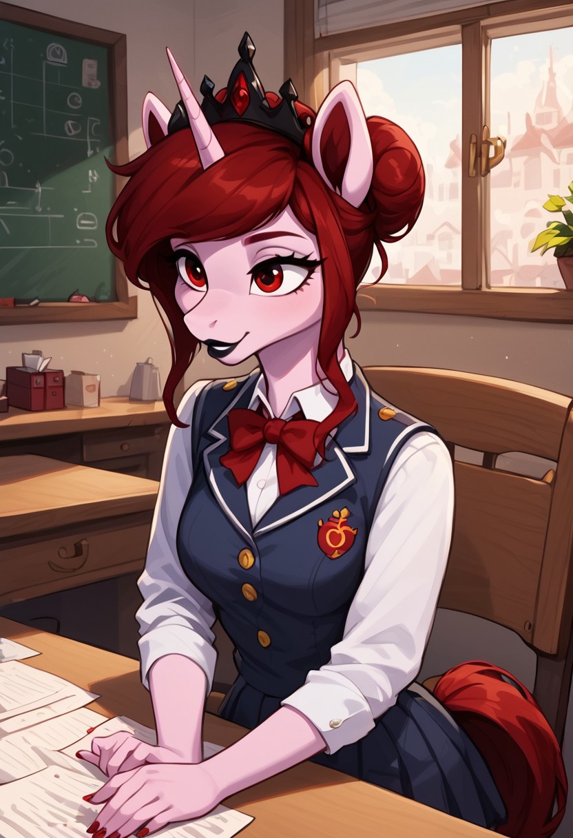 masterpiece, score_9_up, score_8_up, score_7_up, score_6_up, score_5_up, source_anime, (best quality:1.1), ultra-detailed, high resolution, solo, 1girl, Rosa Maledicta, (Queen of Blood), pony, unicorn, anthro, female, slim body, (beautiful detailed red eyes), long eyelashes, eyebrows, fluffy pony ears, horn, pale pink skin, dark red mane, hair bun, thick lips, black lipstick, School uniform, mini skirt, sensual  BREAK indoors, School, indoors, chair, desk, BREAK Highly Visible, sharp focus, perfect lighting, anatomically correct, extremely detailed, high detail, Expressiveh, detailed background, OverallDetail, zPDXL3