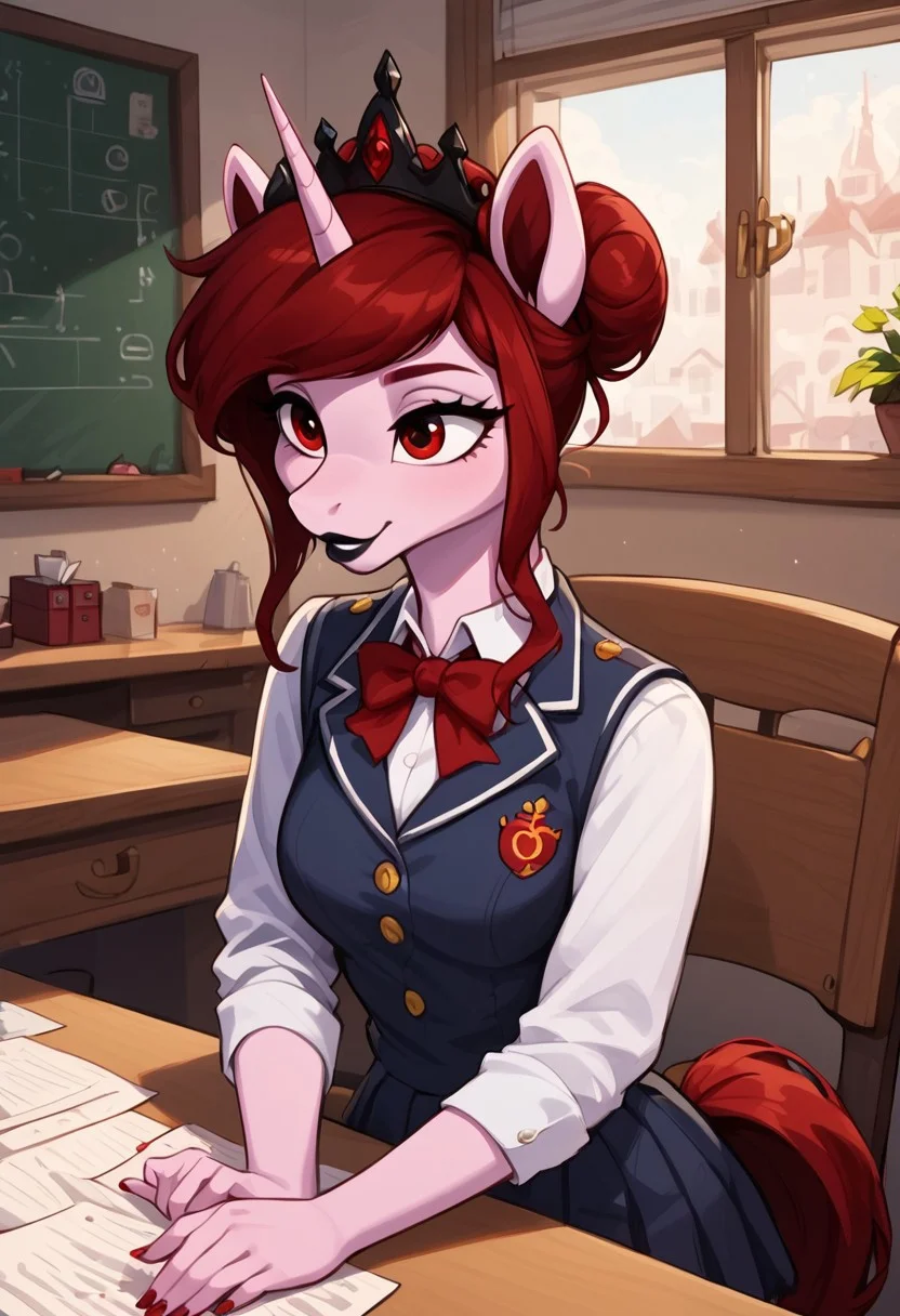 masterpiece, score_9_up, score_8_up, score_7_up, score_6_up, score_5_up, source_anime, (best quality:1.1), ultra-detailed, high resolution, solo, 1girl, Rosa Maledicta, (Queen of Blood), pony, unicorn, anthro, female, slim body, (beautiful detailed red eyes), long eyelashes, eyebrows, fluffy pony ears, horn, pale pink skin, dark red mane, hair bun, thick lips, black lipstick, School uniform, mini skirt, sensual BREAK indoors, School, indoors, chair, desk, BREAK Highly Visible, sharp focus, perfect lighting, anatomically correct, extremely detailed, high detail, Expressiveh, detailed background, OverallDetail, zPDXL3