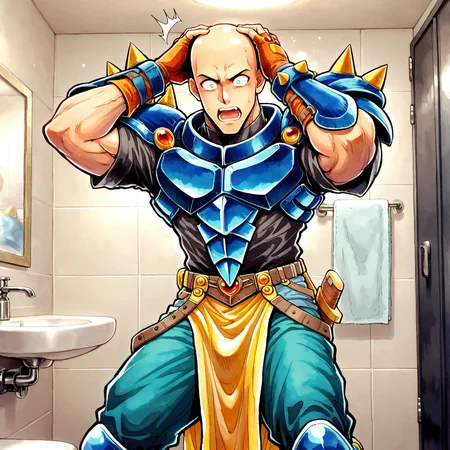 masterpiece, best quality, amazing quality, very aesthetic, absurdres, newest, rdf01, FMIXF, vibrant details, DIONIL, 1boy, male focus, toned male, muscular, spiked pauldrons, blue armor, black shirt, orange fingerless gloves, yellow pelvic curtain, belt, teal pants, blue greaves, indoors, bathroom, surprised, dilated pupils, open mouth, bald, hands on own head