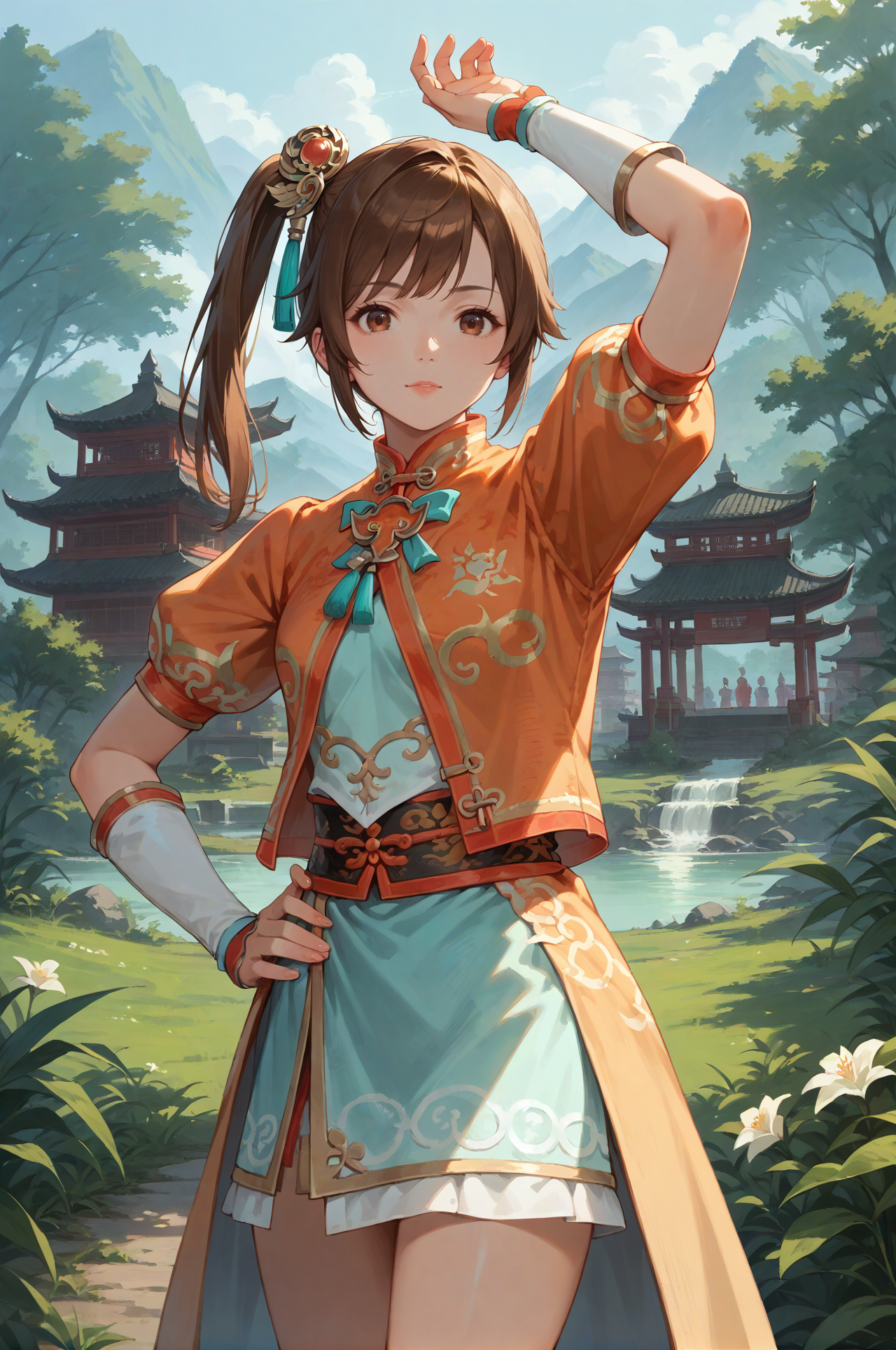 score_9, score_8_up, score_7_up, source_anime, masterpiece, A woman standing with one arm raised above her head, the other hand resting on her hip., <lora:Xiaoqiao_Dynasty_Warriors:0.8> 1girl, solo, brown hair, side ponytail, brown eyes, chinese clothes, hair ornament, outdoors, looking at viewer
