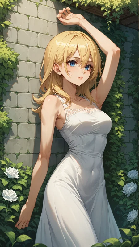 score_9,score_8_up,score_7_up,score_6_up, <lora:xl_more_art-full_v1:0.5>, source_anime, girl, dynamic pose, leaning back against a wall, <lora:Namine - Pony-000004:0.8>, medium hair, long hair, blonde hair, hair between eyes, blue eyes, white dress, strapped dress, sleeveless, nature, garden,