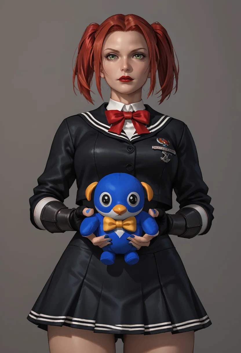 <lora:Schoolgirl_Rayne:0.5>, score_9, score_8_up, score_7_up,score_6_up, score_5_up, score_4_up, 1girl, solo, mature woman, bloodrayne, bowtie, fingerless gloves, dark blue nail polish, green eyes, red lipstick, redhead, serafuku, black skirt, twintails, looking at viewer, close up, holding blue plush penguin with two hands, bedroom