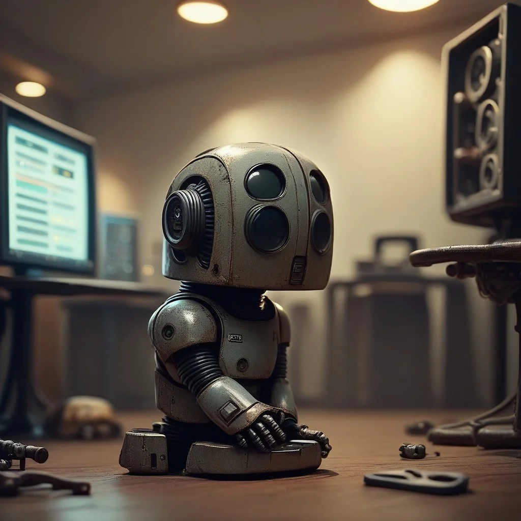 flx$tyl3, score_9, score_8_up, score_7_up, science fiction, cat, no humans, solo, 1other, humanoid cat, holding wrench, kneeling, blurry background, mecha, server room, computers, lights blinking, cardboard boxes, pipes