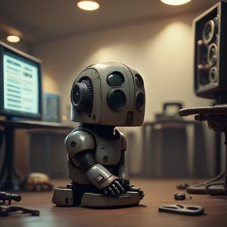 flx$tyl3, score_9, score_8_up, score_7_up, science fiction, cat, no humans, solo, 1other, humanoid cat, holding wrench, kneeling, blurry background, mecha, server room, computers, lights blinking, cardboard boxes, pipes