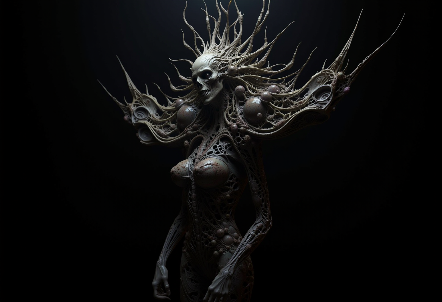 bv-mychorwo, mycelium, horror,. a twisted mycelium queen with a living, skeletal crown that pulses with dark energy, captured in shadow-drenched, foreboding lighting where darkness almost consumes the subject, surrounded by tendrils creeping towards the viewer, hinting at malevolent intent| A full-body shot of a bio-mechanical fungus deity with writhing vines resembling exposed veins, pulsating unnervingly, standing in a haunted forest that seems alive, malevolence breathing through every root, featuring eyes glowing with a terrifying, predatory focus, rendered as a disturbing 3D render focused on raw, visceral horror| A surreal fungal entity resembling a humanoid figure with mushroom-like growths violently tearing through the skin, crawling with spore-covered insects that move unpredictably, set against a fungal cave where shadows shift and move unnaturally, depicted with soft ambient lighting barely illuminating the horror, emphasizing deep, menacing shadows, inspired by an eldritch nightmare evoking Lovecraftian cosmic terror} , <lora:bv-mycelium-horror-world-v1.safetensors:1.0:1.0>