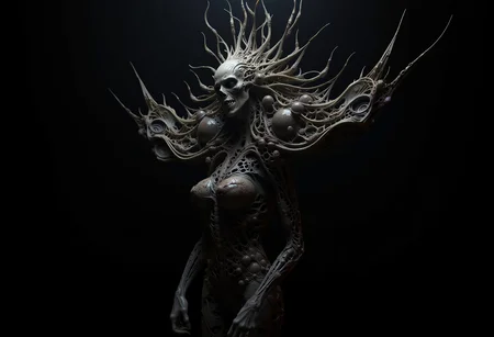 bv-mychorwo, mycelium, horror,. a twisted mycelium queen with a living, skeletal crown that pulses with dark energy, captured in shadow-drenched, foreboding lighting where darkness almost consumes the subject, surrounded by tendrils creeping towards the viewer, hinting at malevolent intent| A full-body shot of a bio-mechanical fungus deity with writhing vines resembling exposed veins, pulsating unnervingly, standing in a haunted forest that seems alive, malevolence breathing through every root, featuring eyes glowing with a terrifying, predatory focus, rendered as a disturbing 3D render focused on raw, visceral horror| A surreal fungal entity resembling a humanoid figure with mushroom-like growths violently tearing through the skin, crawling with spore-covered insects that move unpredictably, set against a fungal cave where shadows shift and move unnaturally, depicted with soft ambient lighting barely illuminating the horror, emphasizing deep, menacing shadows, inspired by an eldritch nightmare evoking Lovecraftian cosmic terror} , <lora:bv-mycelium-horror-world-v1.safetensors:1.0:1.0>
