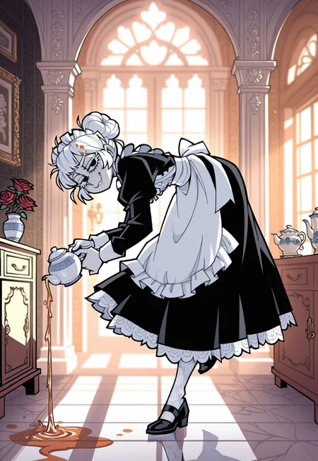 safe_pos, masterpiece, best quality, 1girl, solo, maid, maid apron, short black dress, long sleeves, white lace pantyhose, maid headdress, white embroidery, pale skin, red rose ornament on hair, glowing white hair, white eyelashes, white eyebrows, porcelain skin, black eyes, glossy lips, short hair, messy bun, double bun, goth makeup, cute, holding teapot, pouring tea from teapot onto floor, looking at viewer, standing on one leg, bending over on one leg, sideview, smug, indoors, baroque, chateau, porcelain, fancy paintings, morning, sunrise, vanripper