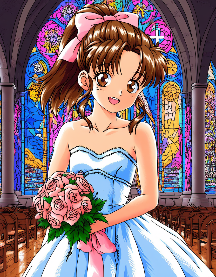 score_9, score_8_up, score_7_up, source_anime, rating_explicit, BREAK   <lora:Nut_Berry_girl_XL:0.9> Nut_Berry_girl, brown hair, brown eyes, ponytail, small breasts, long hair, pink bow, smile, open mouth,
1girl, wedding dress, church, flower, bouquet, church, Stained glass,holylight,
smile,
looking at viewer, 
cowboy_Shot,