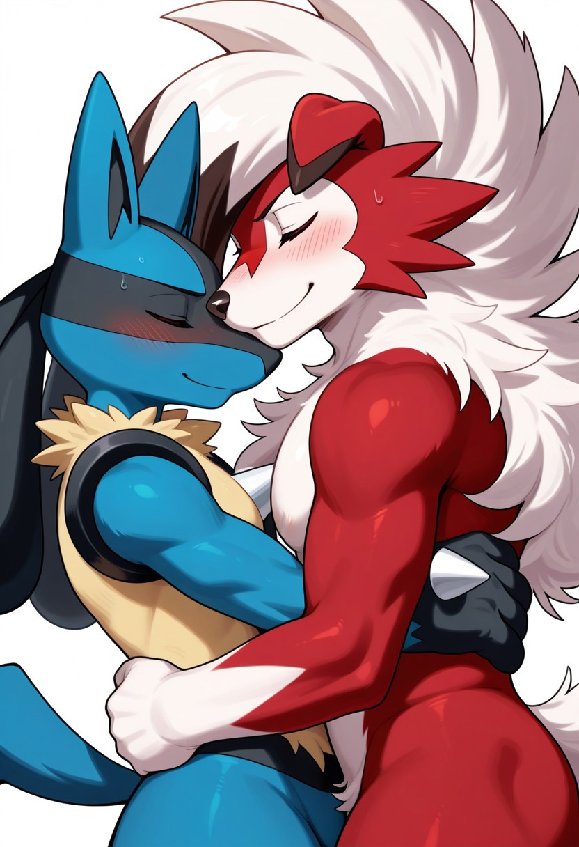 male, anthro, midnight lycanroc, lucario, eyes closed, hugging, dominant male, 2men, blush, small smile,