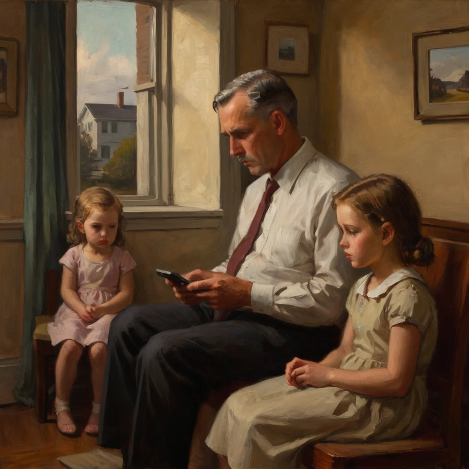 a father plays on his iphone while his young daughter looks on, sad, longing, hope less, edward hopper <lora:ClassipeintXL2.1:1> oil painting